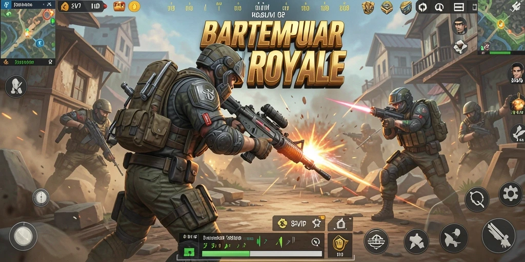 Tangkapan layar utama 8SVIP menampilkan aksi seru dalam pertempuran Battle Royale.