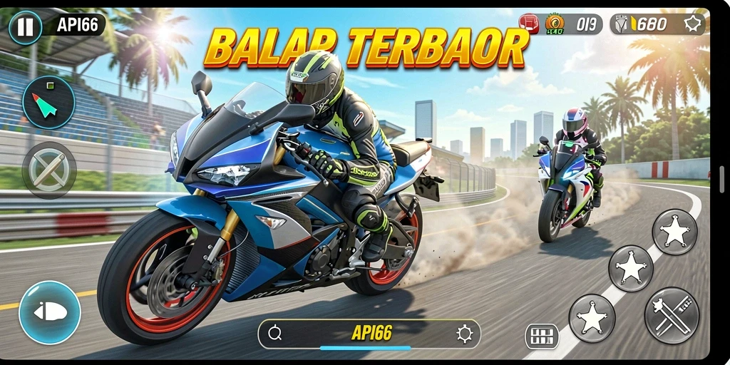 Tampilan gameplay seru di API66 dengan balapan motor cepat.