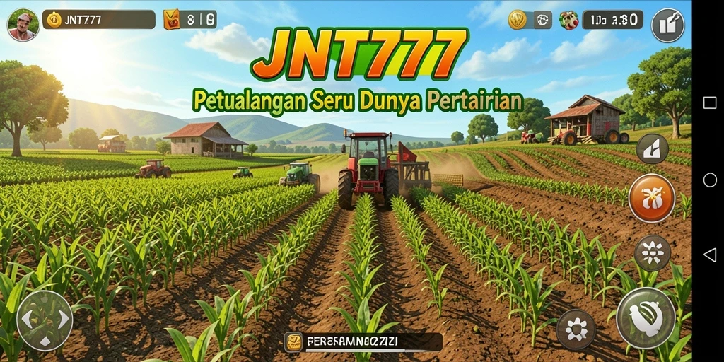 Screenshot JNT777 menampilkan kebun subur dengan tanaman dan hewan ternak.