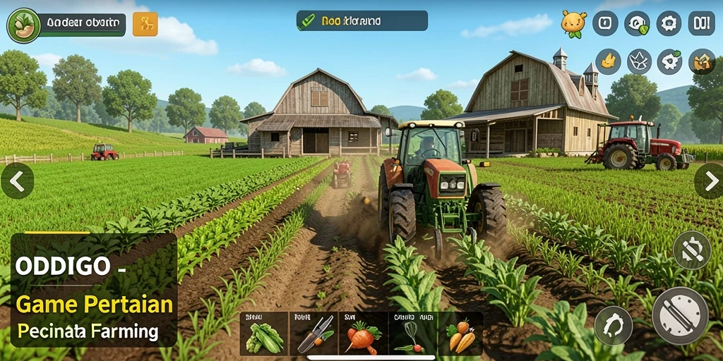 Screenshot menunjukkan gameplay <strong>ODDIGO</strong> dengan lahan pertanian yang indah.