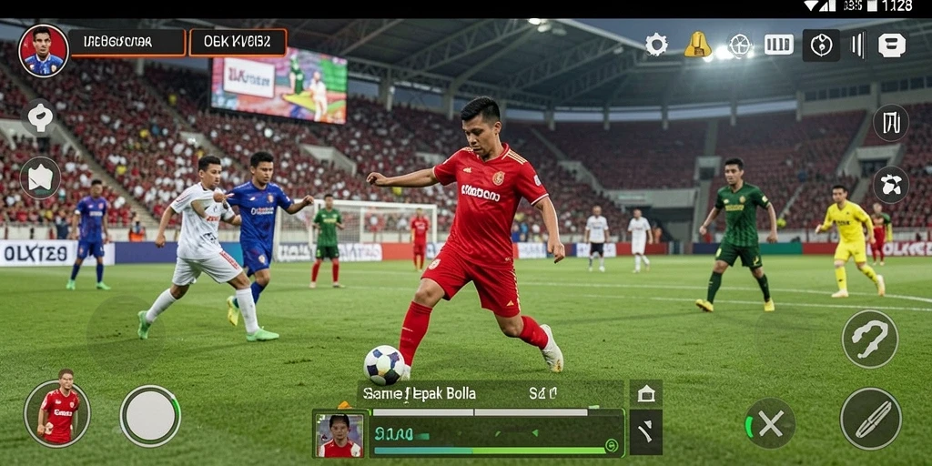 Screenshot gameplay OLX128 menampilkan aksi seru di lapangan sepak bola.