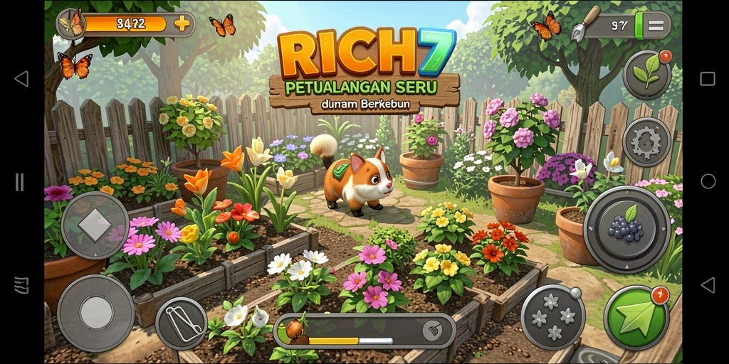 Tampilan seru dari gameplay RICH7 yang menampilkan aktivitas berkebun.